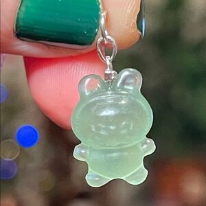 Adorable Carved Green Flourite Labubu 925 Sterling Silver Necklace Pendant Charm